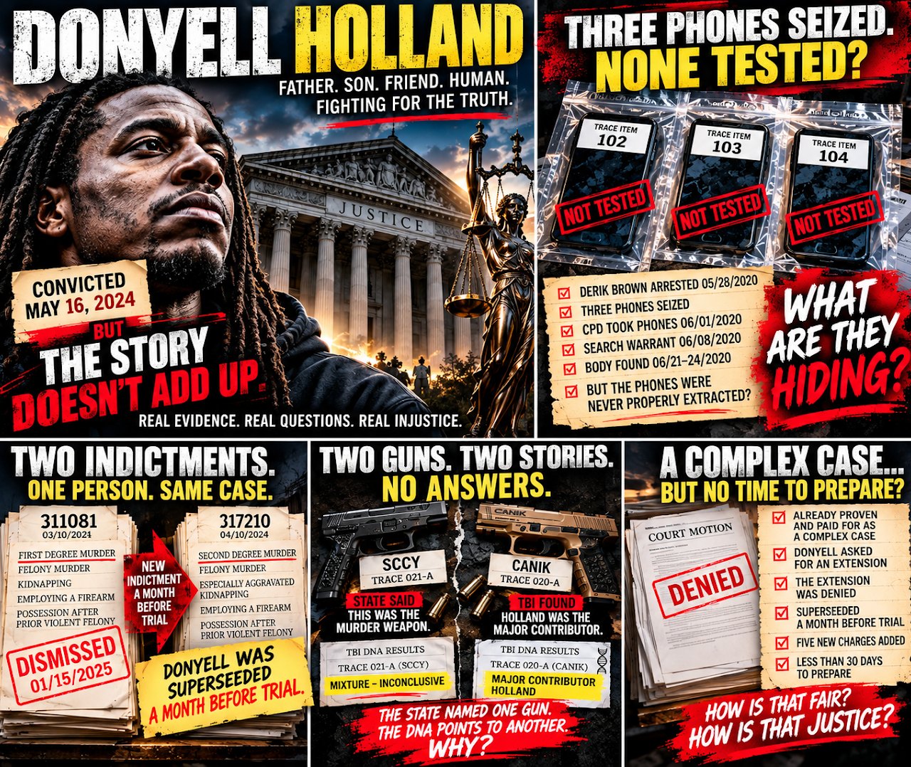 Collage: Donyell Holland convicted May 16, 2024; three phones seized, none tested; two indictments, one person, same case; two guns, two stories; a complex case with no time to prepare