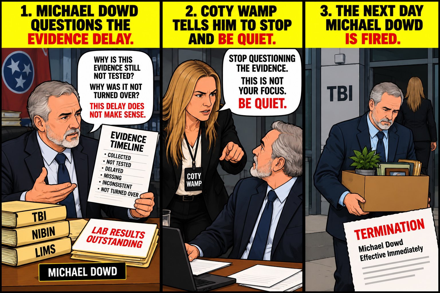 Three panels: 1. Michael Dowd questions the evidence delay. 2. Coty Wamp tells him to stop and be quiet. 3. The next day Michael Dowd is fired.
