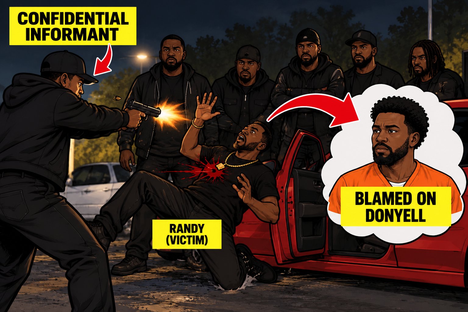 A confidential informant shoots Randy while other men stand by; the shooting is blamed on Donyell.