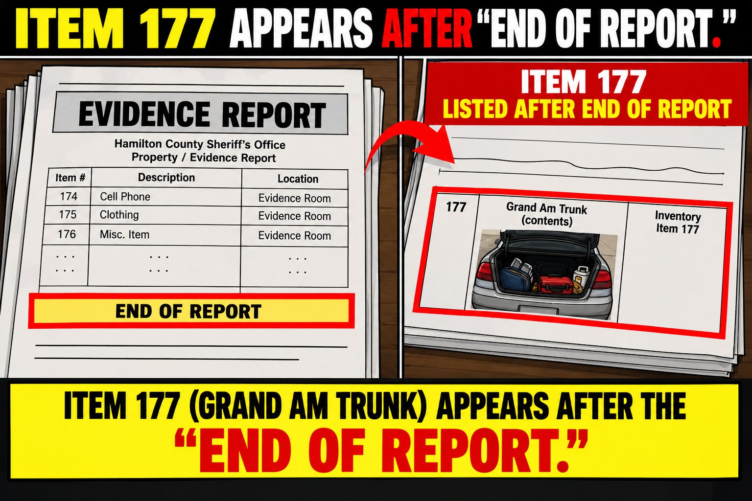 Item 177 appears after END OF REPORT. The evidence report ends at Item 176 with END OF REPORT; Item 177, contents of the Grand Am trunk, is listed after it.