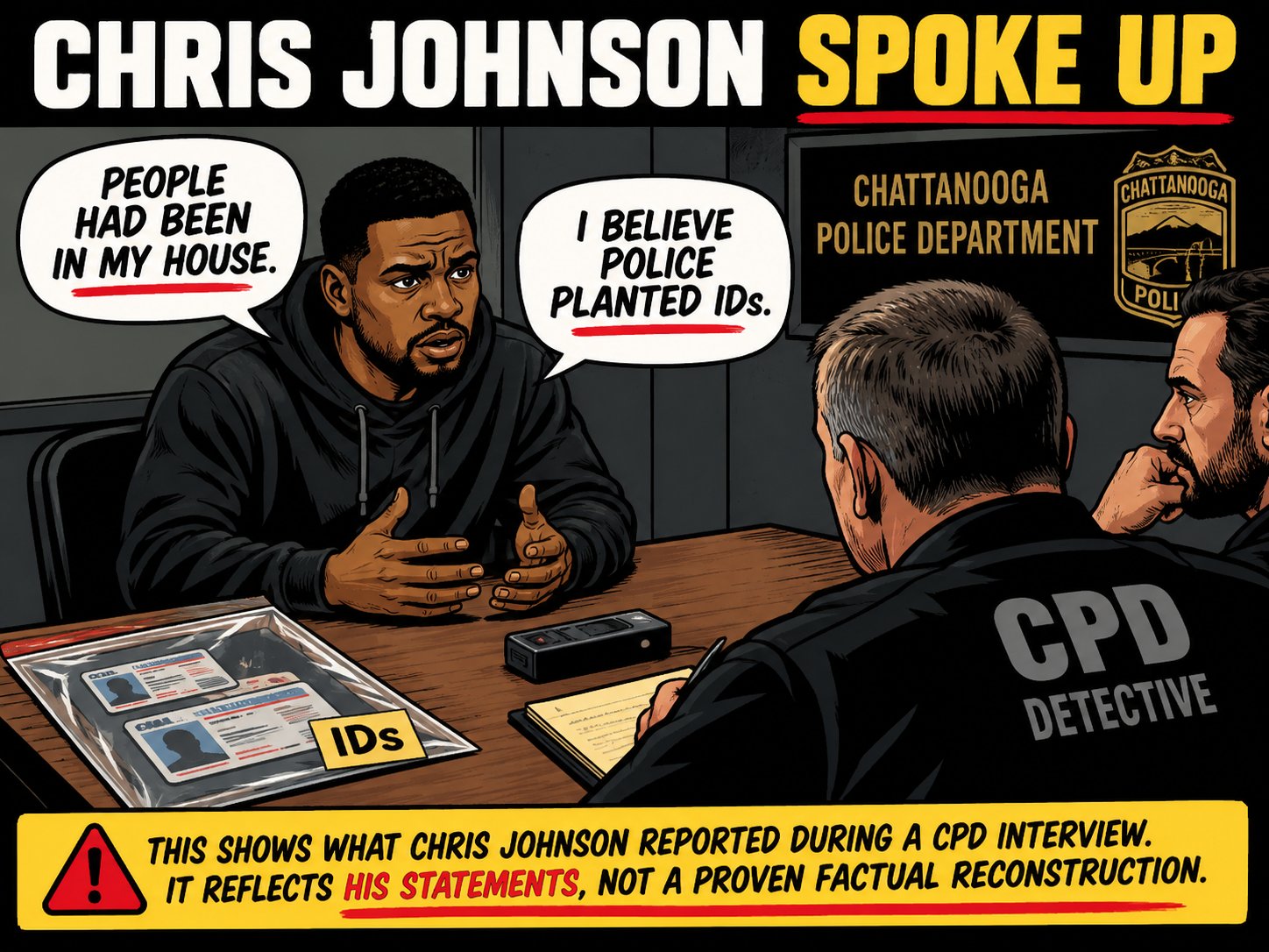 Chris Johnson spoke up in a Chattanooga Police Department interview: People had been in my house. I believe police planted IDs. Note on the picture: it reflects his statements, not a proven factual reconstruction.