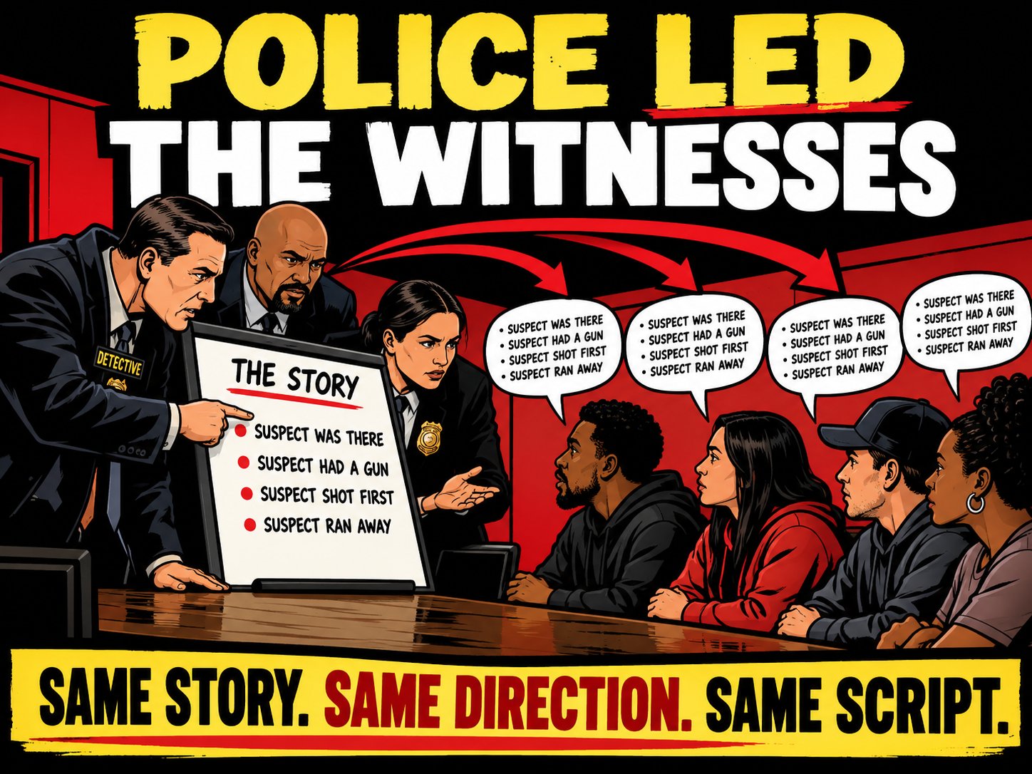 Police led the witnesses. Detectives point to a board titled The Story: suspect was there, suspect had a gun, suspect shot first, suspect ran away. Four witnesses repeat the same lines. Same story, same direction, same script.