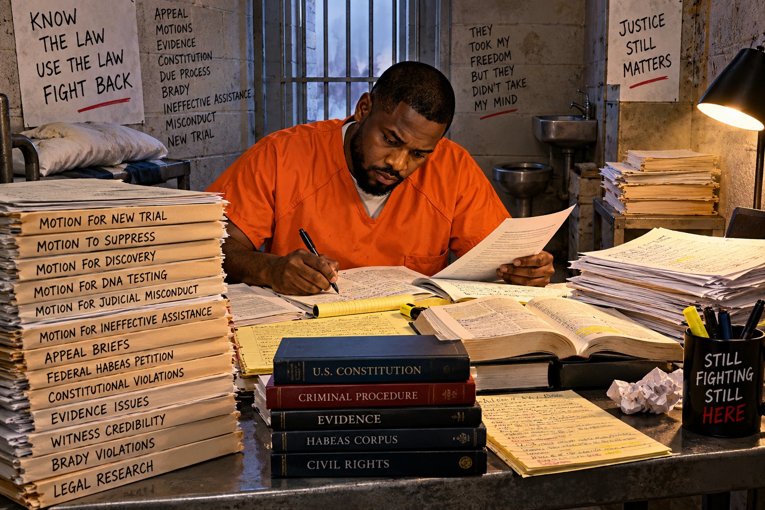 Donyell in an orange jumpsuit at a cell desk covered in law books and stacks of his own motions: new trial, suppress, discovery, DNA testing, appeal briefs, federal habeas petition. Signs read: Know the law, use the law, fight back. Justice still matters.